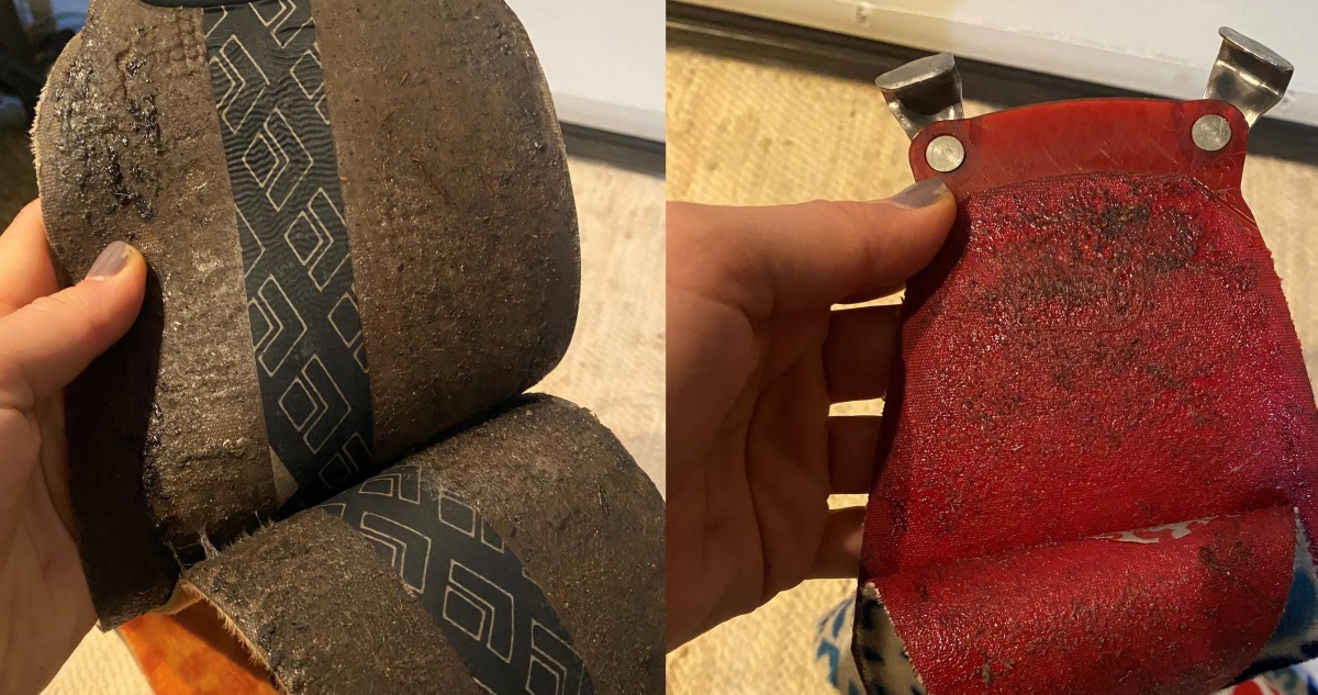 LEFT: Older skins, where glue is bunched up in a few spots. However, when stuck to ski, the skin works well, leaves no residue RIGHT: Another pair of older skins, also clumps of glue present, but in this case more shiny. This skin leaves lots of glue on the ski. Both will probably need to be re-glued or replaced before long.