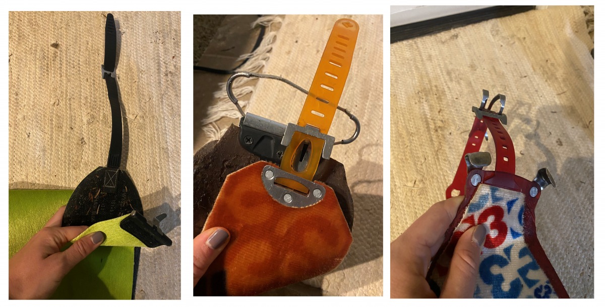 Overview of a few different ways a skin can attach to your ski.The one on the left required the ski to have a hole in the front and back for the skin to work, the other 2 would work with most skis.