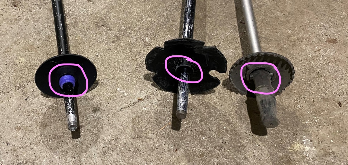 The pole on the left allows for basket replacement, (basket can be twisted off) when the other 2 poles on the right do not.