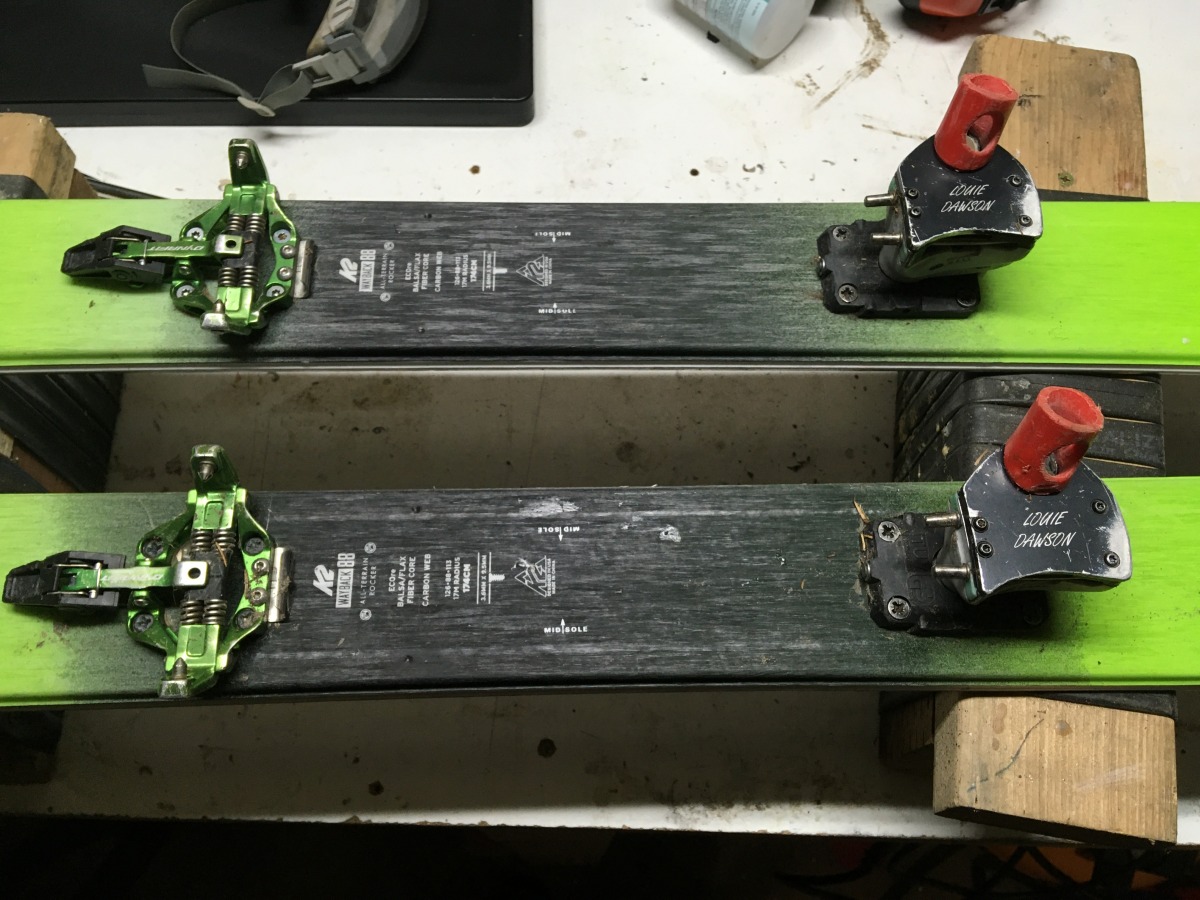 Franken-bindings on my spring skis. The heel unit of these bindings is well over fifteen years old, has hundreds of days of skiing, and is still going strong! Although it has been repaired/upgraded several times (notice the sweet custom top plates from B&D ski gear).