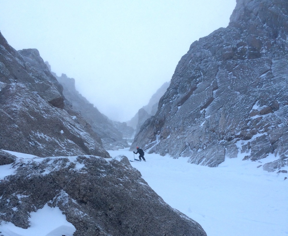 The “Flying Dutchman” couloir in Rocky Mountain National Park. Just above the skier is a short crux of ice (or mixed) climbing that requires just a few “real” climbing moves – the RLP is a perfect rope for a mission like this.