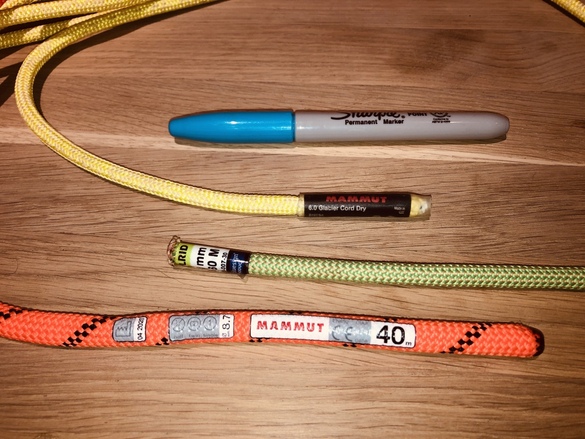Bottom: Mammut "Alpine Sender" 8.7mm Middle: Edelrid RLP Top: Mammut Glacier Cord Dry 6mm Toptop: Ye olde Sharpie! Art direction, lighting, and table provided by Coppolillo Worldwide Media