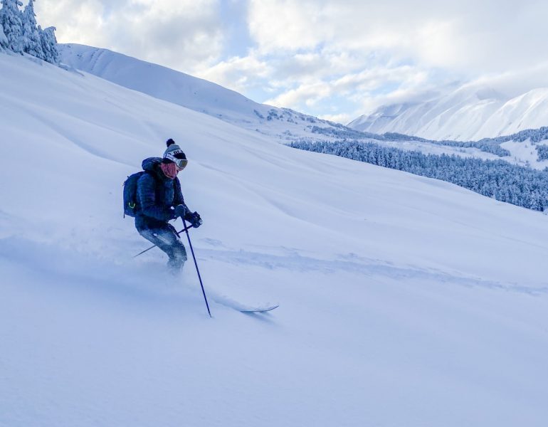 Taking the Travers CS out for some low angle hippy pow on a high avy danger day. Photo by Maresa Jensen