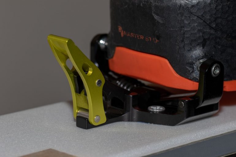 A close look at the toe piece of the Black Diamond Helio 145 binding. Fully locked out, the smooth action of the lever is achieved through a rolling cylinder that snugly locks into place.
