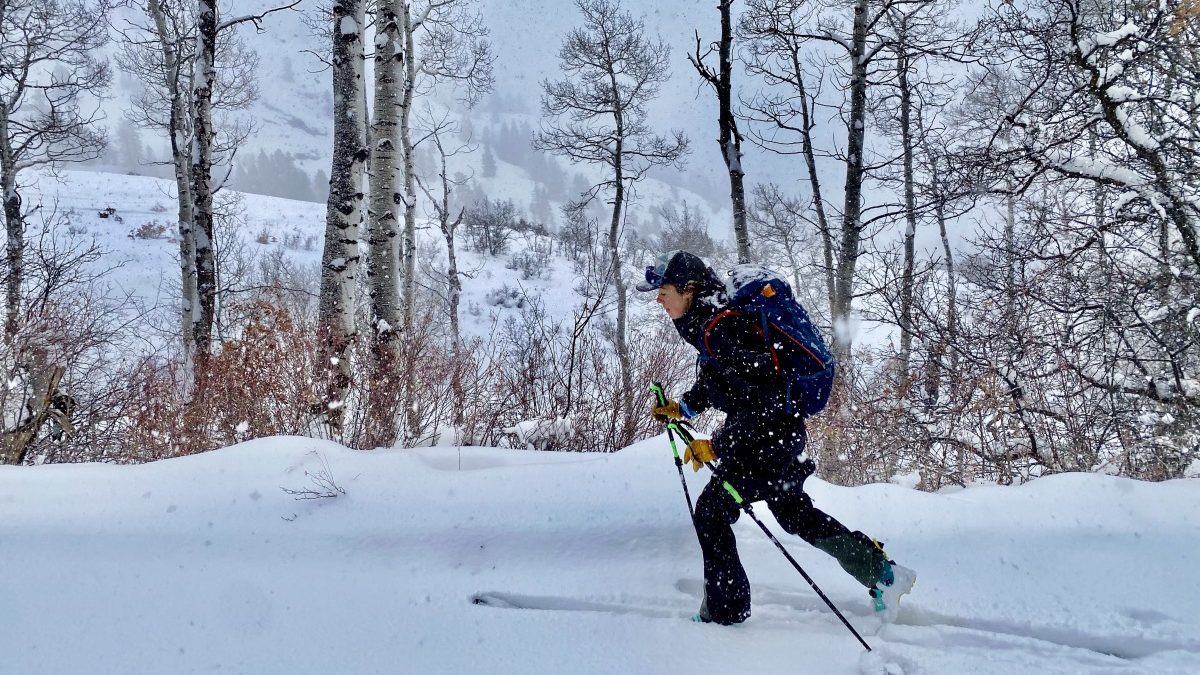 The Strafe Cham kit breathed surprisingly well in a variety of temperatures and snowfall. Here, moving quickly in warm snow with temps just below 30 degrees. Have a grid fleece base layer on top, no base layer on the bottom. Keeping the pit zips open was adequate to air things out.