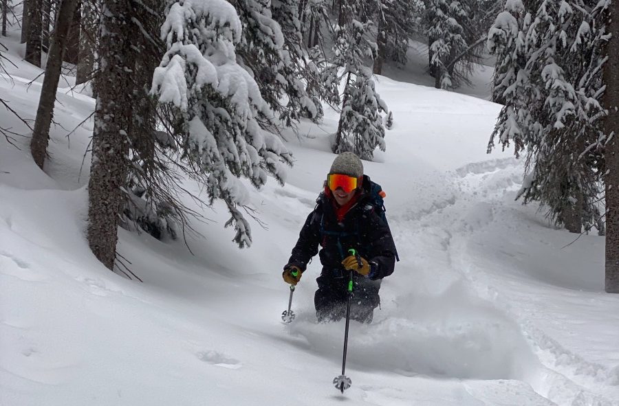Trying the Strafe Cham kit in some low angle, boot top pow. It proved comfortable and protective for long tours in steady snowfall.
