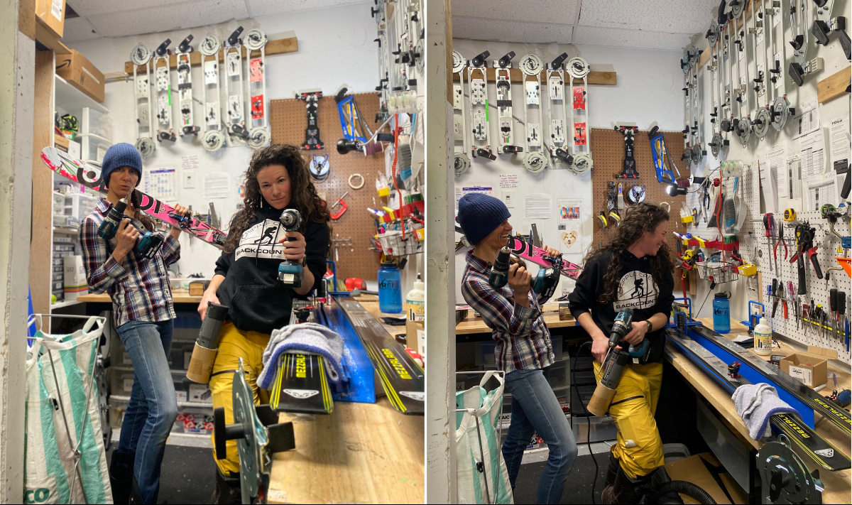 A good ski tech can take the job seriously. But not too seriously...Mary Harlan and Jewel Campbell getting the job done.