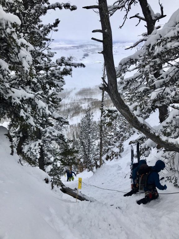 Cosmic Couloir view from the top. Bluebird has a collection of ski patrollers who mitigate avalanche danger with skier cuts. No bombs.