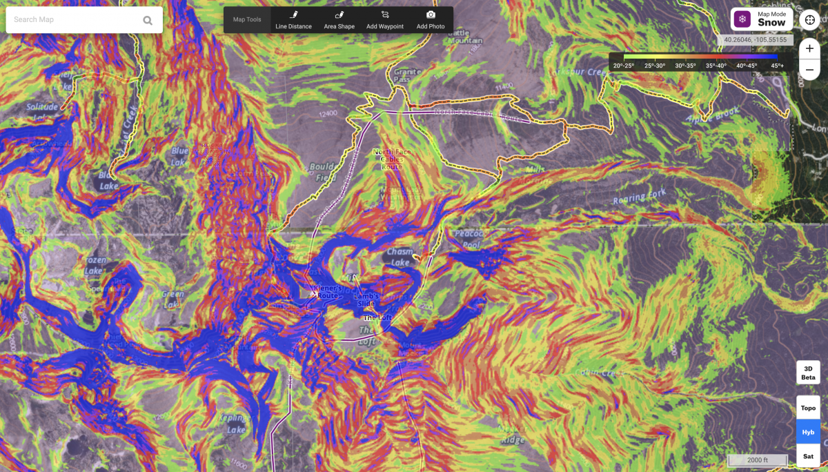 Here's a great example of what onX Backcountry looks like with Slope Angle Shading turned on. We can identify slope angle and thus avalanche propensity. Be careful, this data has a finite resolution and won't show microscopic change in terrain that can still promote the possibility of an avalanche.