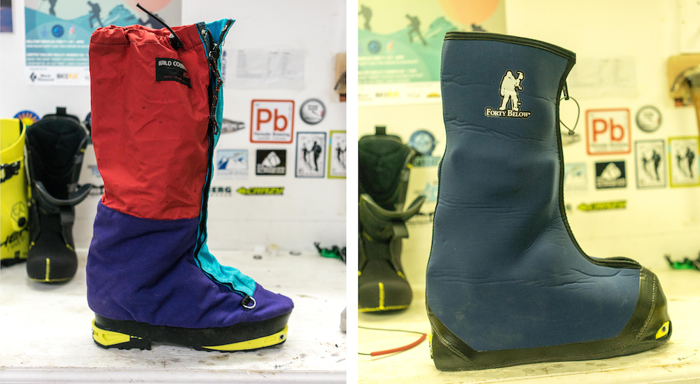 Left: The style points alone are worth it on the Wild Country Super Gaiters. Right: the aptly named Forty Below. Both picture show the liners on the Fischer Travers CS.
