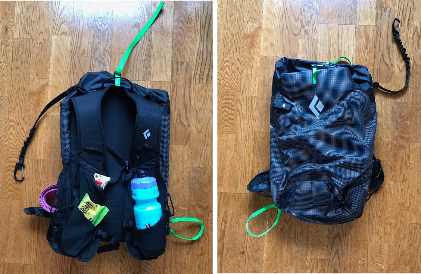 The Black Diamond Cirque 22 combines running vest style shoulder straps with the minimal aspects of a skimo pack. Left: The shoulder straps have zippered and open pouches for snacks and water bottles. The trap door on the side of the pack offers secure access to skins or whatever else you want to stuff in there.