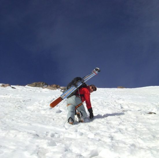AMGA-certified ski guide, Donny Roth, relaxed and soloing the north face of Longs Peak, before showing the boys how it’s done on the down. The skies clouded over minutes after this photo, refreezing the snow surface almost instantly. At over 14,000 feet, what was becoming “hero snow” became scratchy ice above huge cliffs. Donny was pretty relaxed. Me? Ice ax, puckered, not relaxed!
