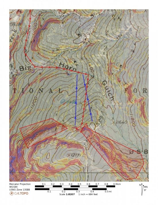 Here is an example of how to mark hazards, uptracks, downtracks, and other things like observation points on caltopo.