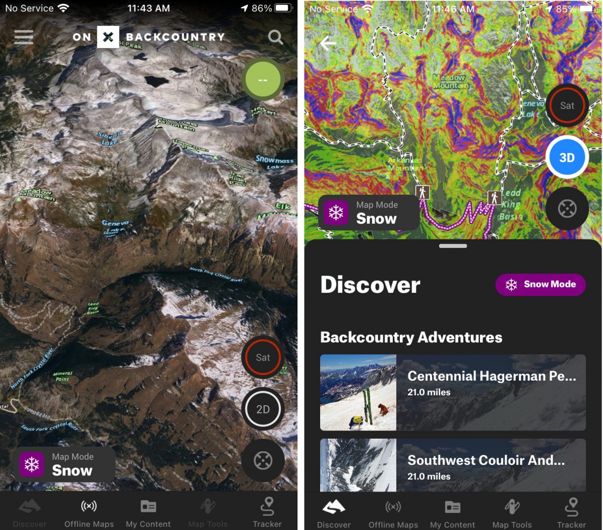 onX Backcountry offers a simple and user-friendly interface and unique features like 3D satellite imagery to aid with planning and integration with crowd-sourced backcountry route resources like Powder Project. 