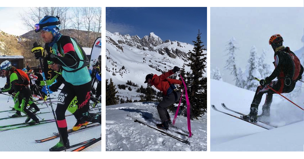 Left: Groomer touring at the beginning of a skimo race. Middle: A double skin rip (#doubleskinrip) executed in mediocre fashion. Right: Attack Turtle descent style performed flawlessly