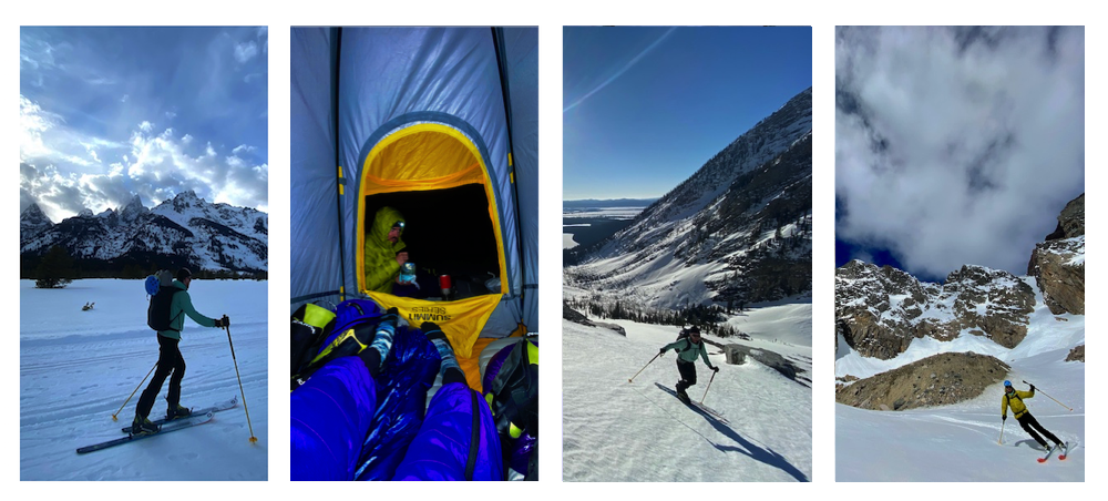 Here are some extra shots from our trip (from left to right): Gavin approaching camp with divine lighting and cloud cover in the Tetons; Gavin eating a dehydrated dinner while I'm getting set for bed and drying gear in the tent; Gavin touring up an apron on Mount Moran in hopes to get some views of nearby ski lines; alas, we did indeed harvest incredible corn on Day 2.