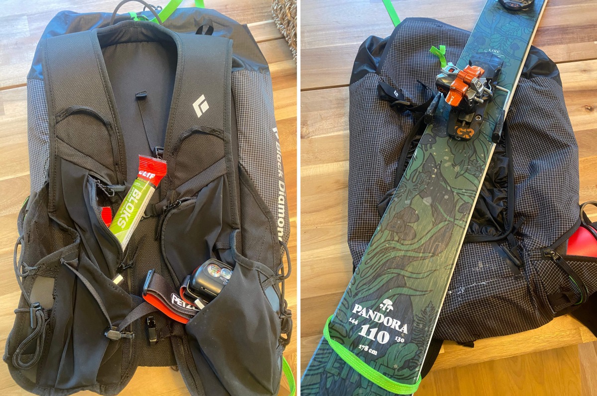 Left: Front zippered pockets - why don't more backpacks do this? Right: Ski carry that fit my 110mm waisted skis.