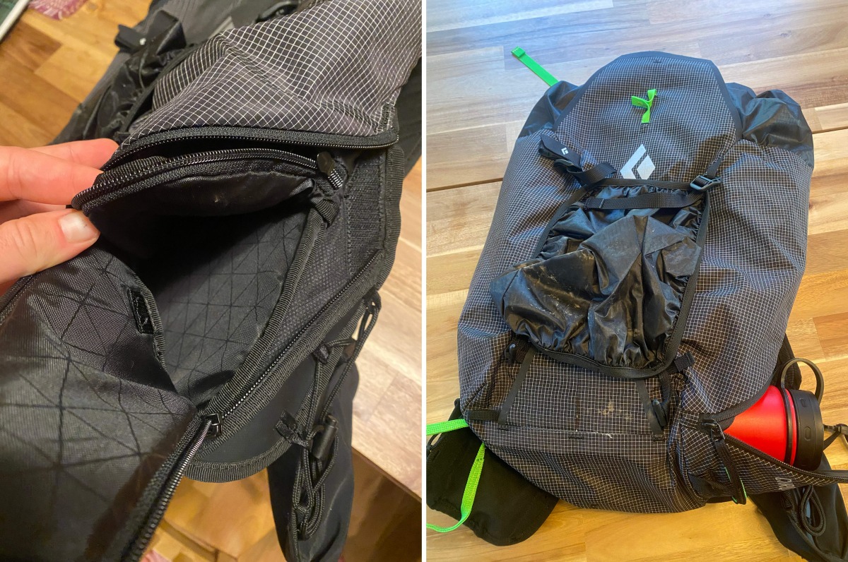Left: Optional internal divider. Right: Removable helmet carry, easy access side pouch.