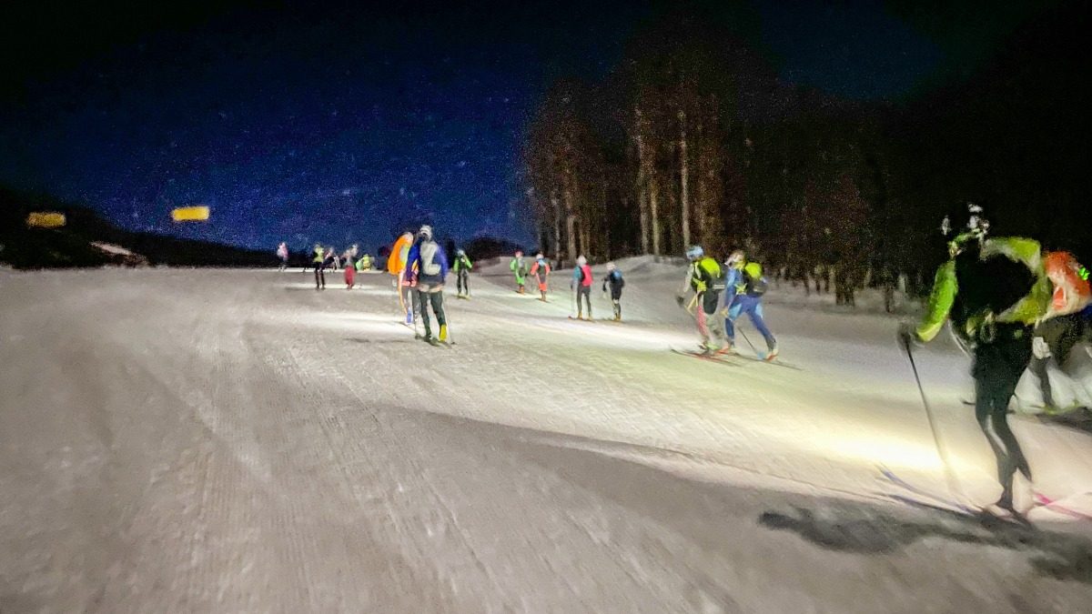 Racers start up Crested Butte ski area under the full moon at midnight. The race started deceptively warm, but by 3 am had dropped to single digits.