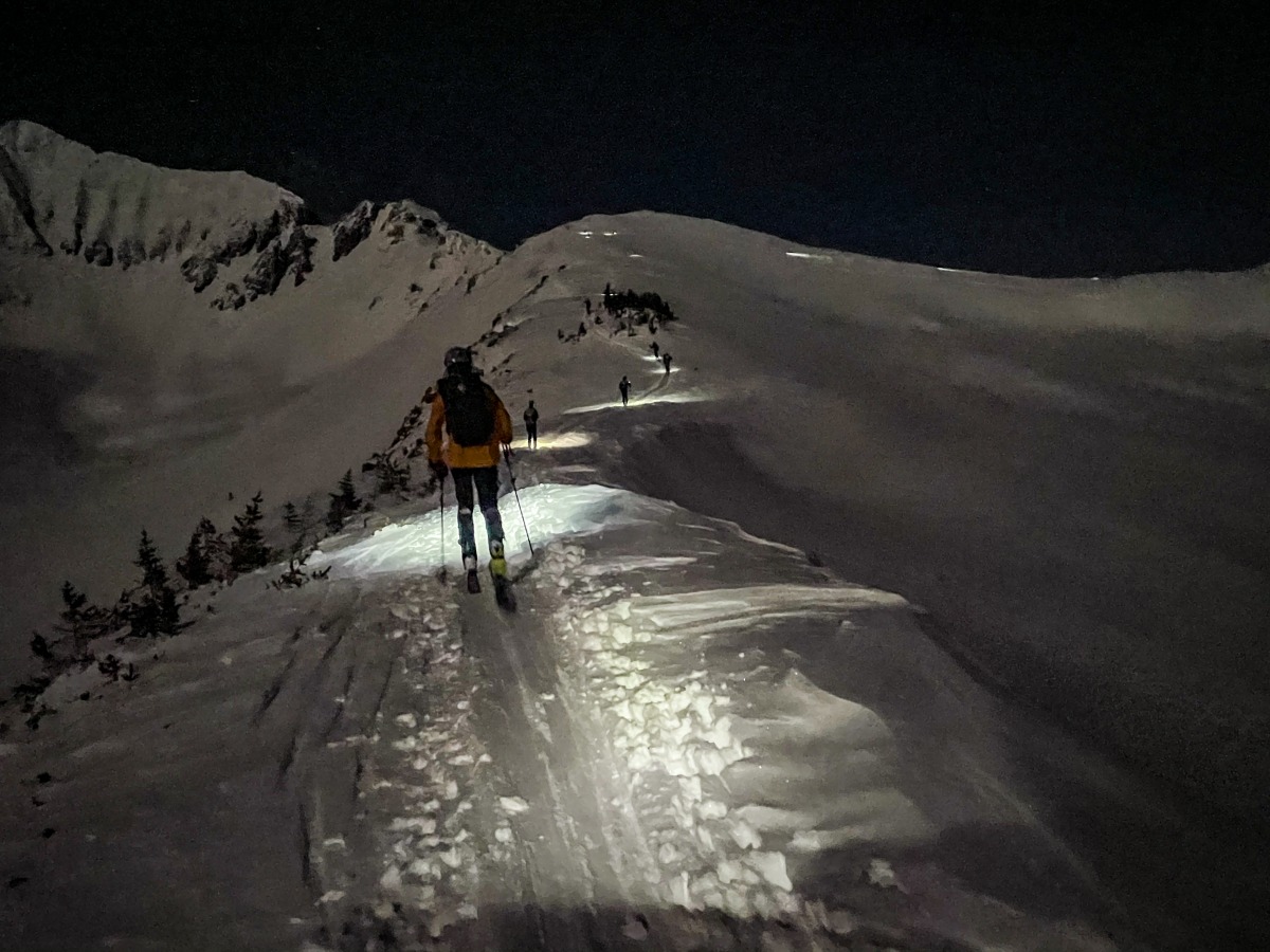 Team WildSnow approaching Star Pass around 4:30 in the morning.