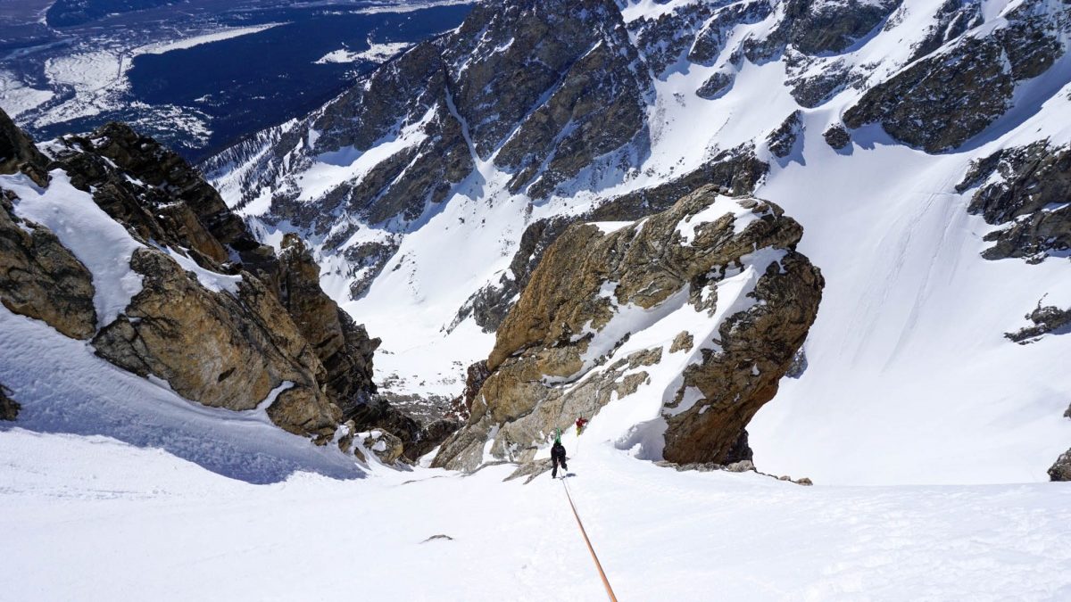 Ski alpinists crossing paths in the Ford-Stettner. Upward, downward.