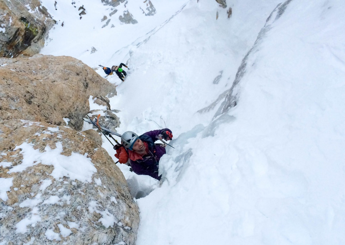 Conga line climbing the Grand Teton’s Ford-Stettner route. One of those alpinists went home that day with a gnarly cut to the shin. Not directly crowd-related, but not independent of the crowding either.