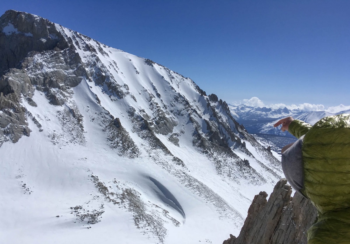 Descent number one of my 2017 Red Line Traverse. The NW Face of Mount Whitney. Done “on-sight”, top-down. And we then got to admire it head-on. In this case, from the S side of Mount Russell.