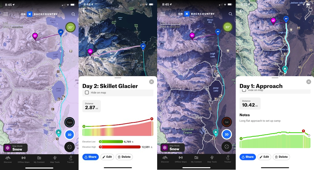The OnX Backcountry 2D Topo map and our stats for Day 2 (left) and the 2D Satellite map with our stats for Day 1 (right).