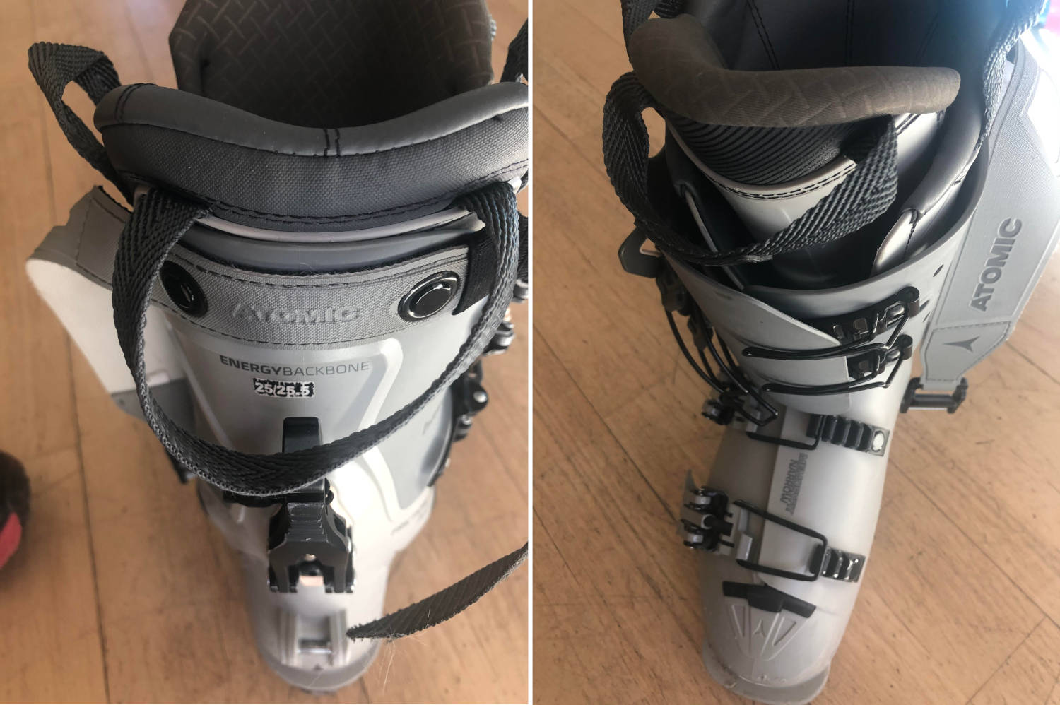 The Energy Backbone (left) and four-buckle overlap construction (right) contribute to excellent downhill performance.