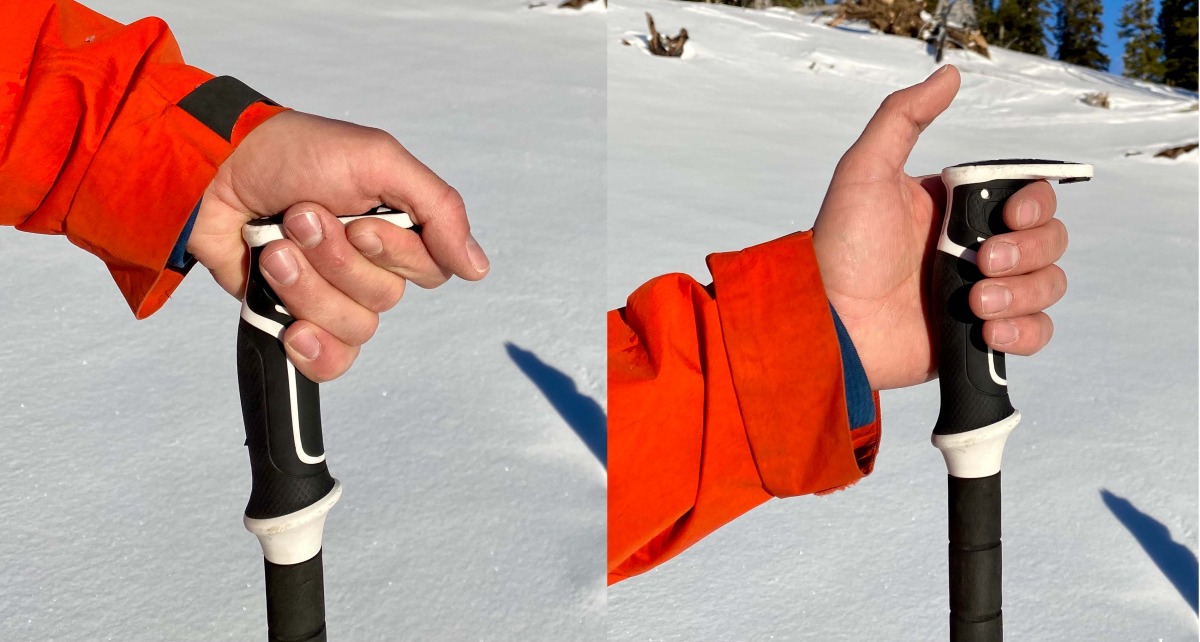 Left: The top of the pole is fairly comfortable when holding it from the top as shown. This is an improvement over the previous model. Right: The scraper also serves to help hold the pole, even with a very loose grip the pole doesn’t fall. Very useful when skiing without pole straps.