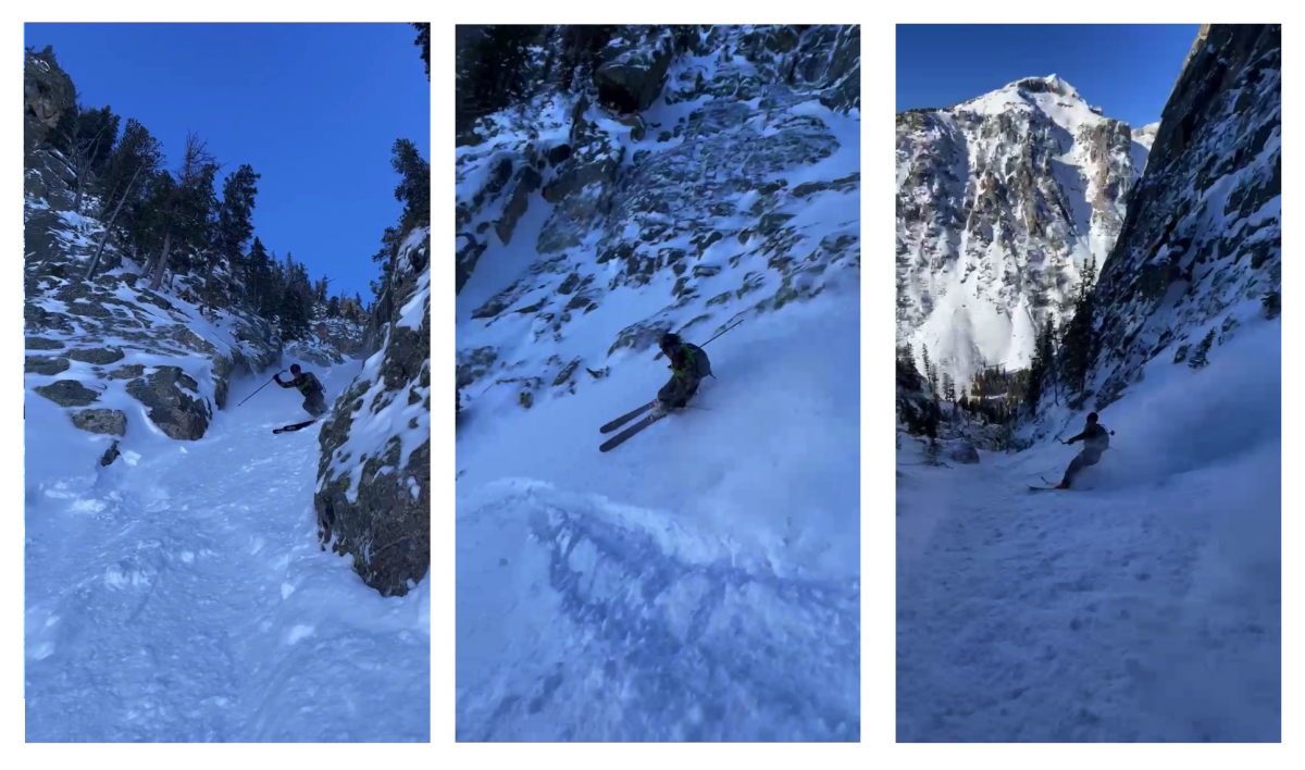 Here are the 112 RP's at work: slashing and carving in boot top powder. I was impressed with the dexterity and tight turning of these skis while in this narrow couloir.