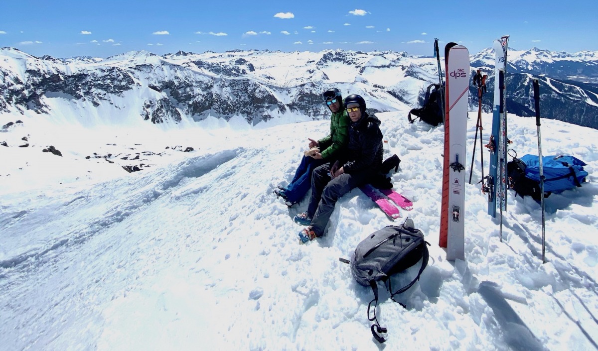 Here we are on top of a Chicago Peak outside of Telluride, CO. We made a bench, snacked on some snacks, and are waiting for corn to soften before putting the 94 C2s to work. They excel in the high speed, big turn arching, corn skiing environment quite well.