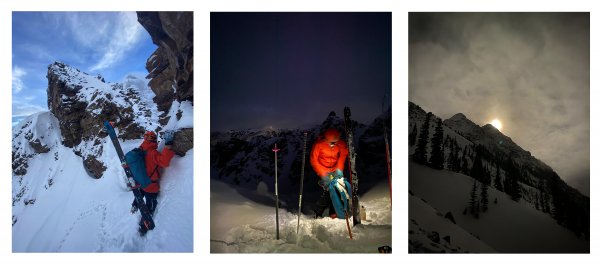 The first half of our approach from right to left: (1) A long exposure midnight photo of our first glimpse at Pyramid Peak. The full moon created some strong spooky energy. (2) Aidan prepped to bootpack near the top of Banana Bowl just before dawn. (3) Aidan stepped out of Banana Bowl and onto the summit ridge