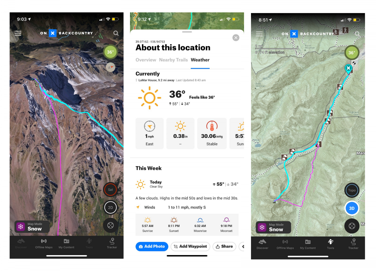 Trip planning information for Pyramid Peak (from right to left): (1) Our ascent is in blue and descent in pink. (2) Point forecasting for the area is convenient to localize the weather forecast (The captured forecast was for a different date than our descent). (3) The 3D Sat view of Pyramid Peak helps with route finding. A higher resolution and winter imagery would significantly improve this app feature.