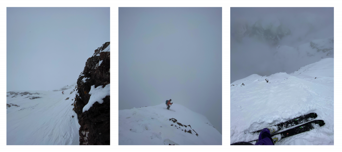 Our descent from right to left: (1) I stopped to take a photo on the summit pitch. It was comically steep. (2) Aidan quested into the sea of clouds. (3) Aidan skied down the mid-face, almost breaking through the low-visibility cloud layer.