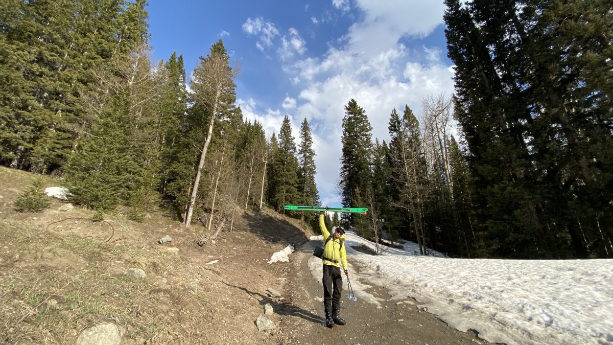 Here’s Sheamus at the end of the driving and beginning of the skiing. Glorious spring time weather and lightweight overnight packs made our approach casual and fun.