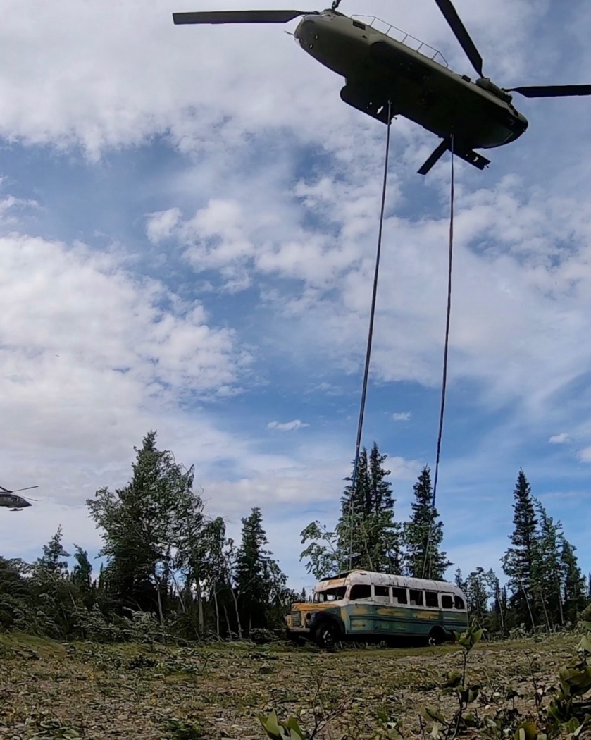 Alaska National Guard airlifts “Into the Wild” bus from Stampede Trail. Image courtesy of Alaska National Guard.