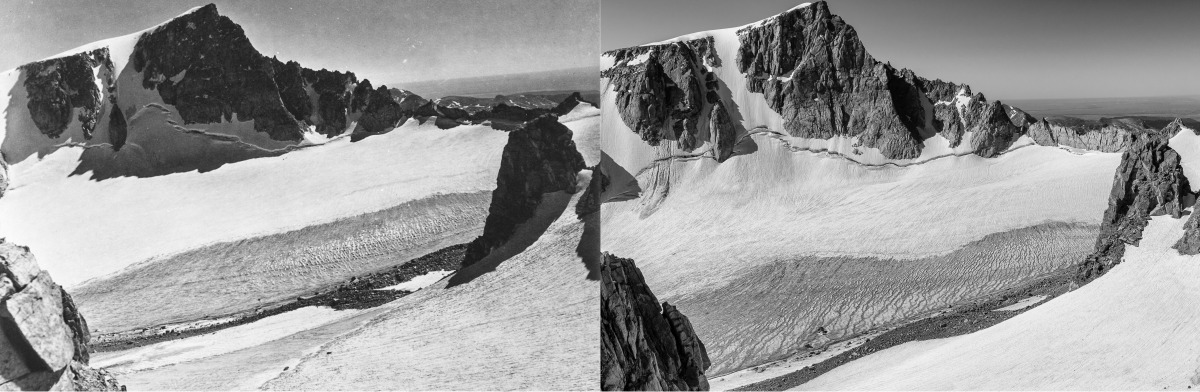 Bull Lake Glacier, 1950 (left, M. Meier) and 2020 (right, E. Sherline).