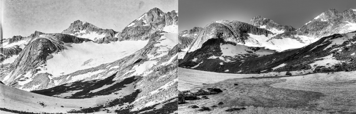 Twins Glacier, 1950 (left, M. Meier) and 2020 (right, E. Sherline).