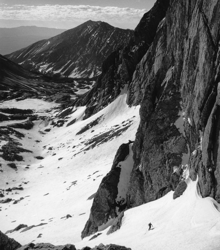 Kim Miller patch skiing below Crestone Needle, South Colony Lakes, 1988.