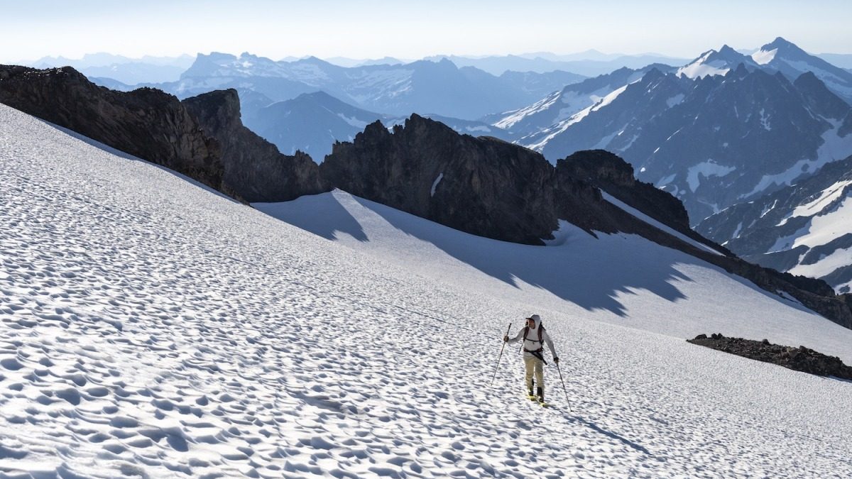 Trevor Kostanich climbing the Gerdine glacier en route to the summit of Glacier Peak. Requiring nearly 27 hours of consistent movement, Glacier Peak, the fifth and final volcano of the project, was the mental and physical crux. By starting at 6:30pm the previous evening, much of the travel was accomplished in the cool hours of night, requiring only the exit hike be executed during the record midday temperatures of the heat dome.