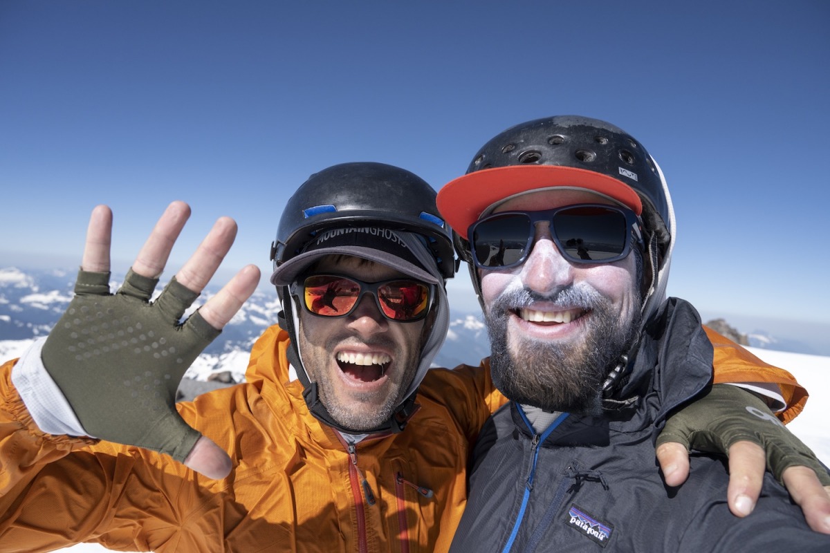 Trevor Kostanich (left) and Scott Rinckenberger (right) celebrate their 5th volcano summit in 5 days on the top of Glacier Peak. The most remote, and most pristine of the Washington volcanoes, Glacier Peak would prove a significant test, but would also provide a spectacular wilderness experience, and a fitting adventure to end the journey. All told, the round trip to the summit of Glacier peak included 36.6 miles and 13,140’ of elevation. The team would arrive at the North Fork Sauk trailhead at 9:25pm, which put them just a few hours ahead of their self imposed midnight deadline for completing the 5 in 5.