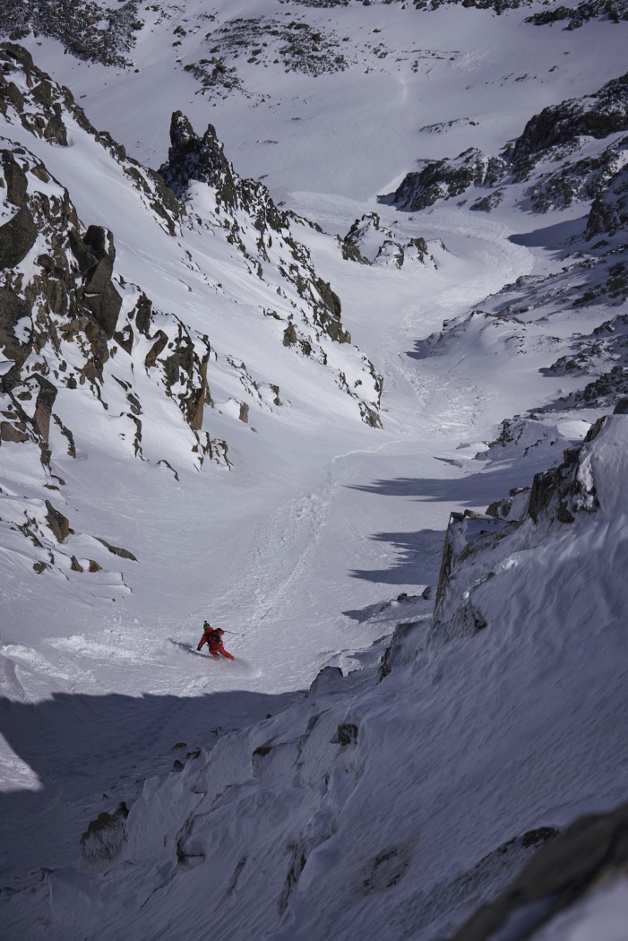 Skiing Whitetail Peak's North Couloir. 