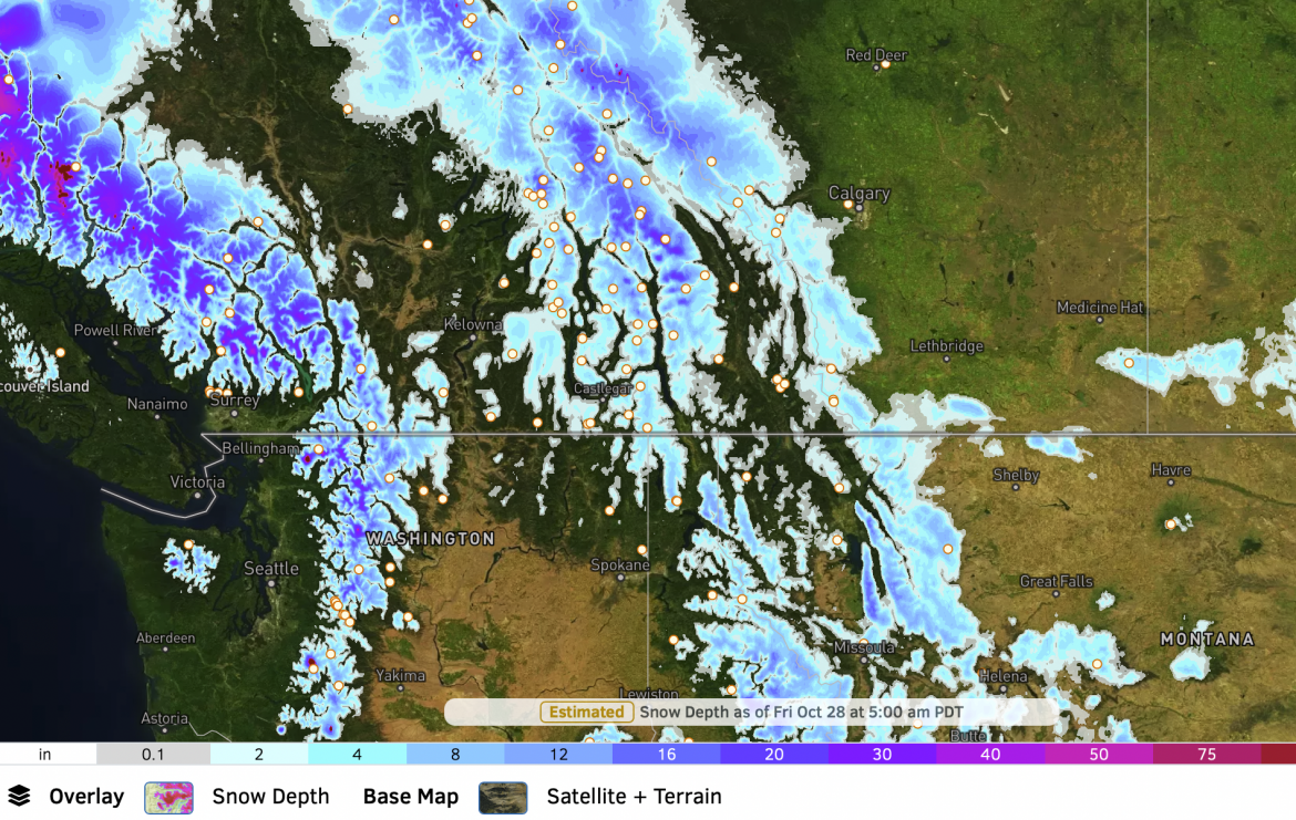 Snow depth overlay (with sat image) from Open Snow.