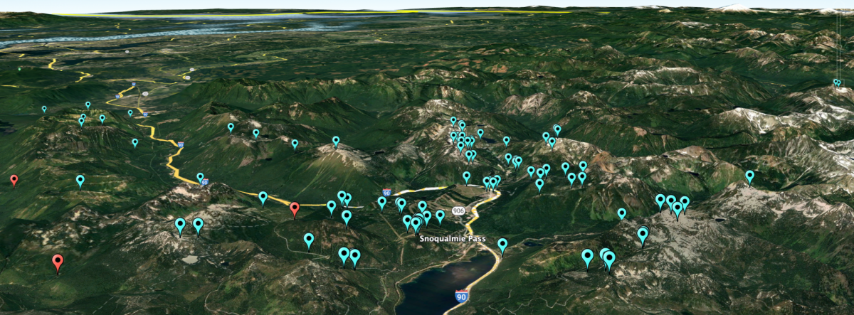 Snoqualmie Pass. Red markers indicate automated SNOTEL sites