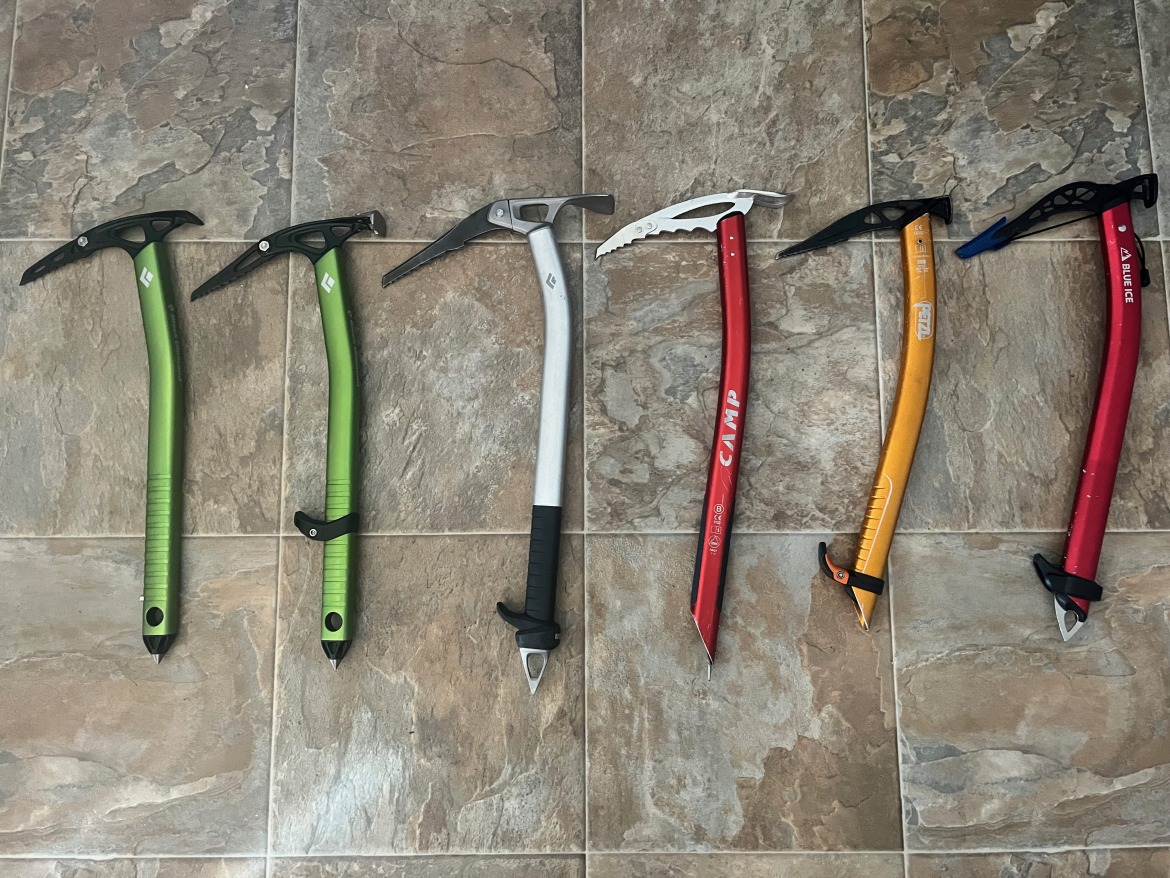 Lighter weight technical axes for ski mountaineering.