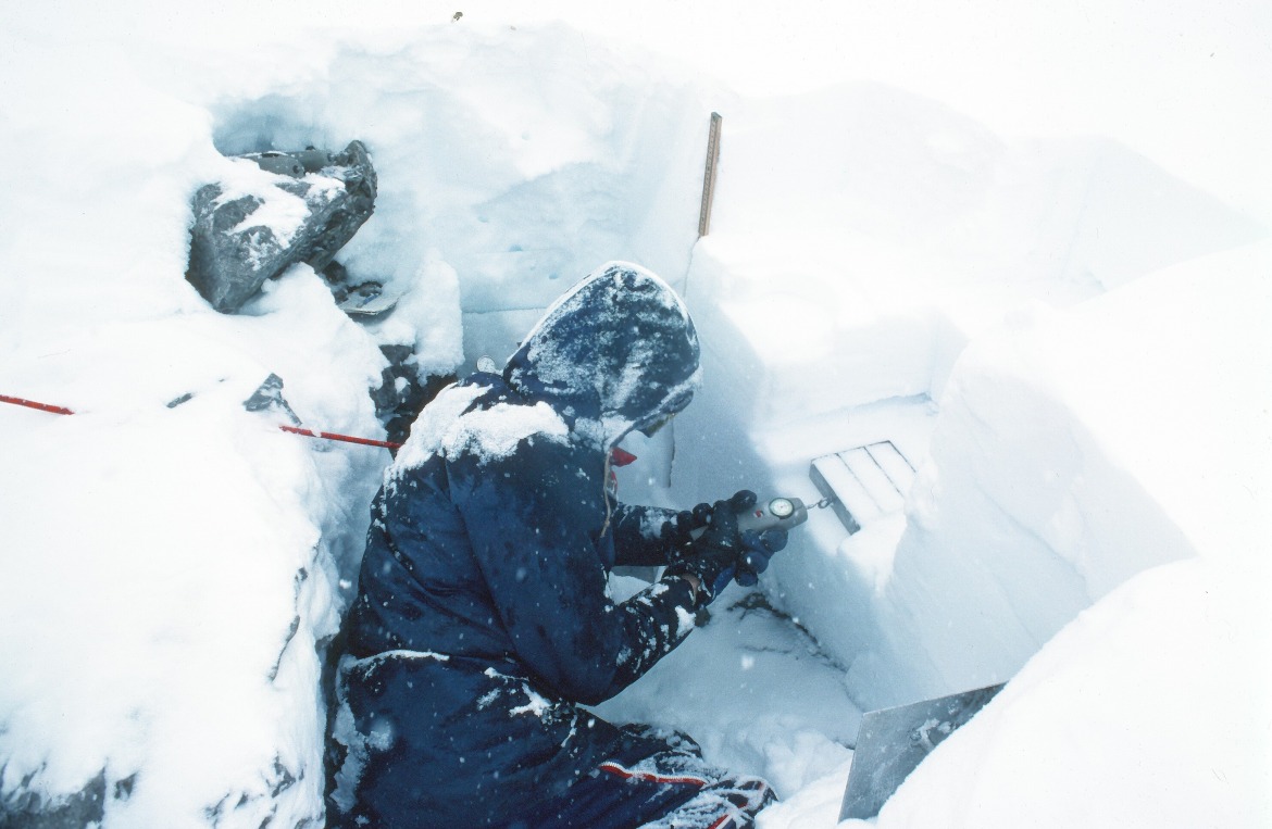 Terry measures the strength of depth hoar on Delirium Dive, Sunshine ski area (Ron Perla photo, 1975.)