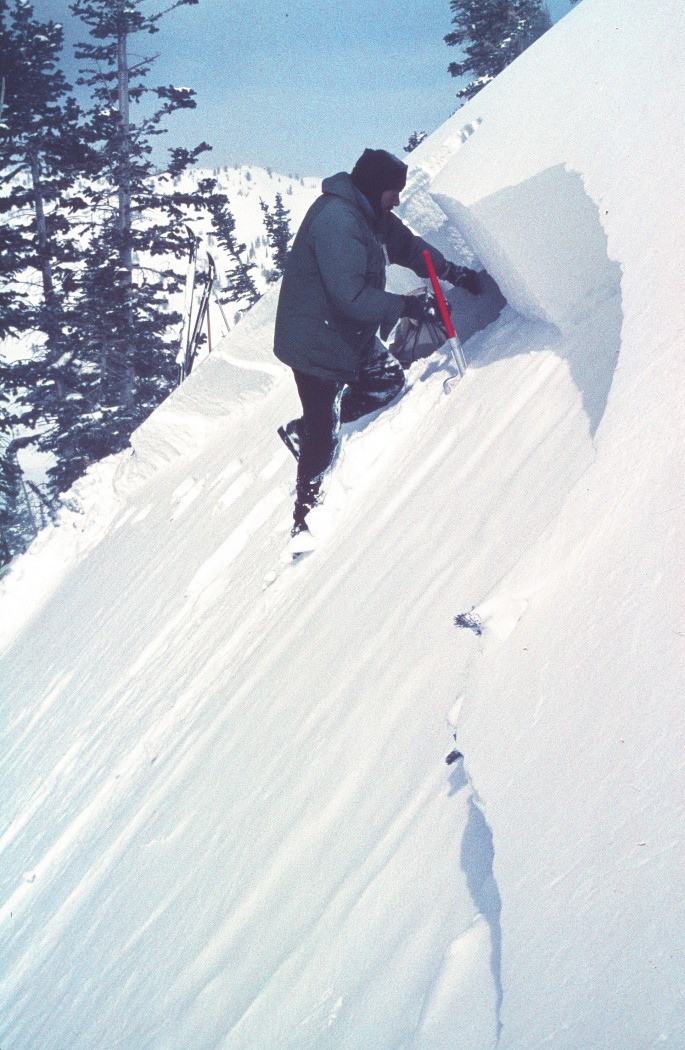 Ron Perla working on slab above Alta village, 1968. Visiting scientist Charles Bradley, Montana State University, skinned up with me and took this photo.